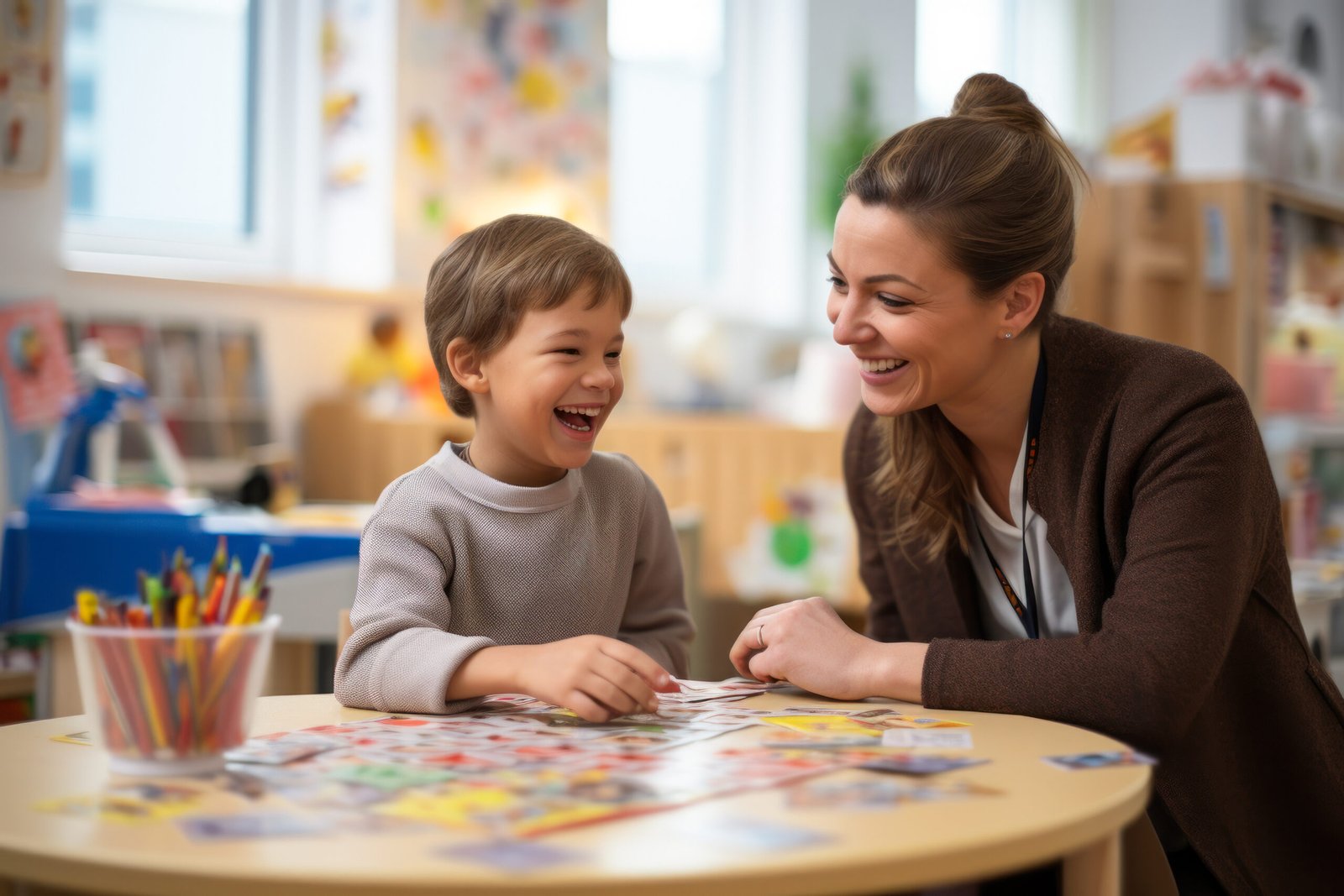 An inclusive speech therapist works with a child with an autism spectrum disorder generative ai